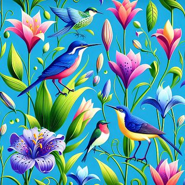 Papier peint lys et oiseaux