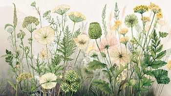 Botanische illustratie: Wilde bloemen en grassen langs de weg