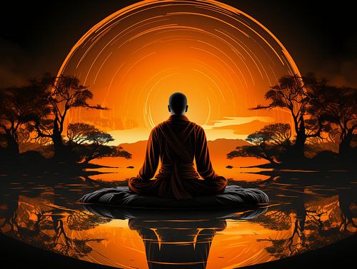 Silhouet van een persoon mediterend op een zonsondergang