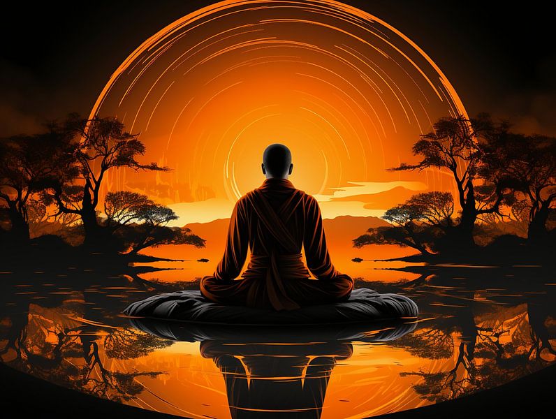 Silhouette d'une personne méditant sur un coucher de soleil par Animaflora PicsStock