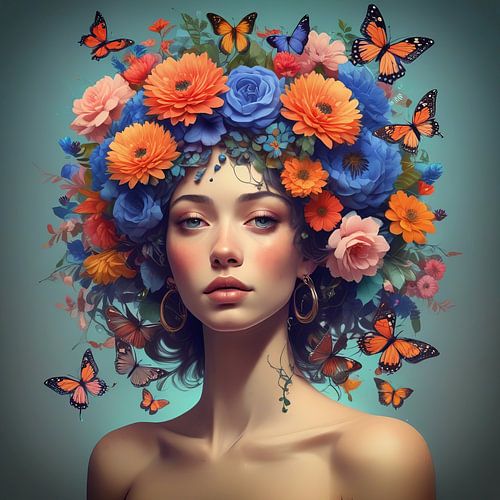 Portrait d'une femme avec papillons et guirlande de fleurs