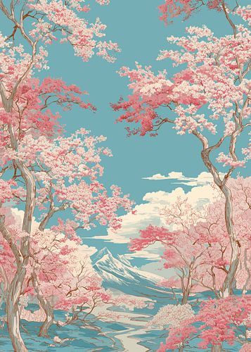 Blühende Kirschbäume vor Bergkulisse