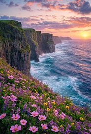 Wildblumen bei Sonnenuntergang an der Küste: Dramatische Meeresklippen und eine blühende Wiese von Artistic