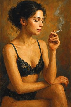 Eine schöne Frau in schwarzen Dessous malt. von Galerie Hoppenbrouwers