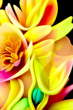 Leuchtendes Gelb und Blumen V - florale stilisierte abstrakte Illustration von Lily van Riemsdijk - Art Prints with Color