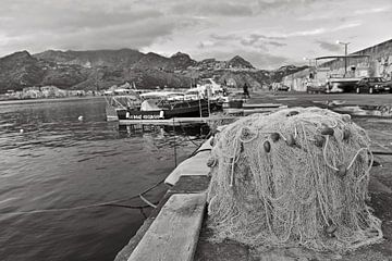 Fishing nets at the harbour of Giardini-Naxos in Sicily - monochrome