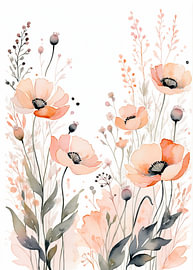 Fijne botanische aquarelillustratie van perzik- en papaverbloemen van hisam colours