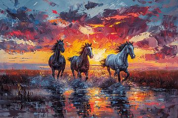 Drie paarden bij zonsondergang Schilderij van Poster Art Shop