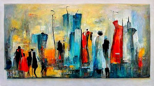 abstract aquarel schilderij mensen in de stad 04