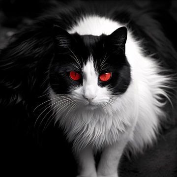 Black and white domestic cat portrait with red eyes