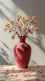 Roze bloemen in een roze vaas die schaduwen werpen op een tafel van Markus Gann