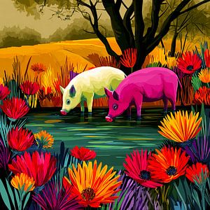 Zwei Schweine im Paradies | Farbenfrohe Wandkunst mit Humor und Herz