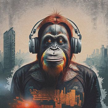 Digitales Orang-Utan-Porträt mit Kopfhörern