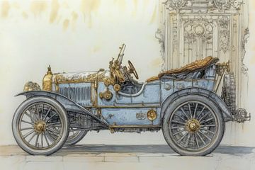 Tekening van een klassieke, antieke auto, oldtimer cabrio  van Peter Pen tekeningen en schilderijen
