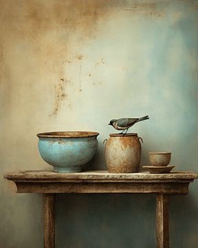 Nature morte avec un oiseau sur un pot dans le style wabi-sabi sur Carla Van Iersel