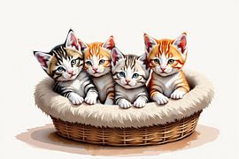Quatre adorables chatons se reposant dans un panier en osier sur Markus Gann