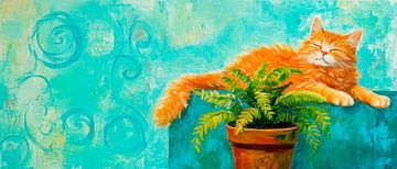 Zonnige oranje kater met plant van Poster Art Shop