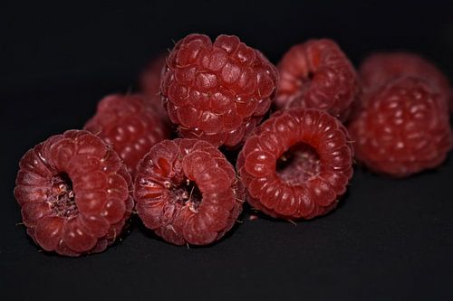 Framboises rouges sur fond noir.