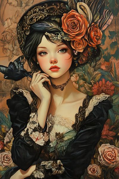 Rose Woman | Junge Frau mit Blumen und Vogel von ARTEO Gemälde