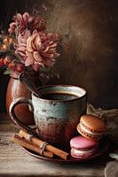 Romantisch herfststilleven met koffie, macarons en warme tinten