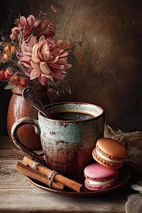 Romantisches Herbststillleben mit Kaffee, Macarons und warmen Farbtönen