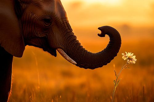 Elephant admiring a flower at sunset by Poster Art Shop
