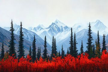 Berglandschap met rood bos van Poster Art Shop