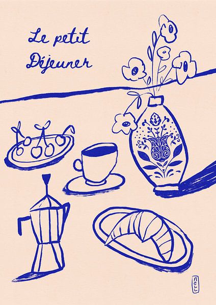 Le Petit Dejeuner Breakfast Poster in Blue by Dirkie Nell