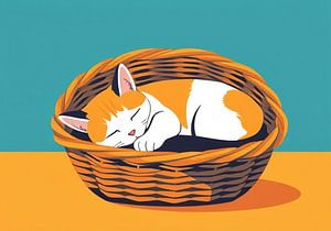Moderne Illustration einer Katze, die in ihrem Körbchen schläft.