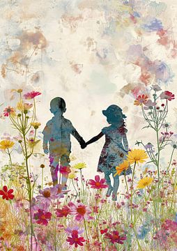Main dans la main dans un champ de fleurs coloré sur Bianca ter Riet