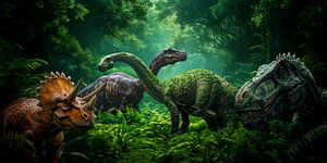 Mystérieux rassemblement de dinosaures majestueux dans une forêt jurassique