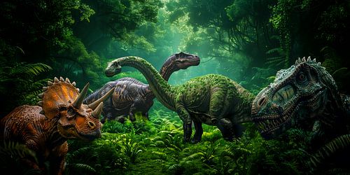Mysteriöse Versammlung von majestätischen Dinosauriern in einem jurassischen Wald