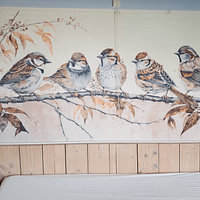 Klantfoto: Mussen op een tak Aquarel van Preet Lambon, als behang