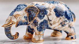 olifant in delfts blauw en goud op een wit marmeren achtergrond van Gelissen Artworks