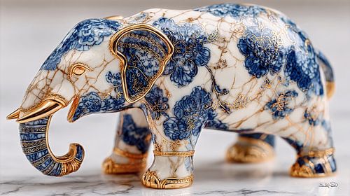 éléphant en bleu delft et or sur fond de marbre blanc