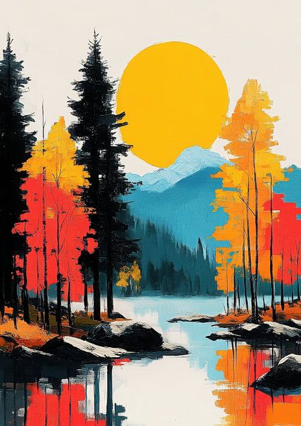 Paysage d'automne au bord d'un lac - illustration rétro par Niklas Maximilian