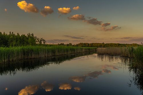 Avondlicht met wolken en weerspiegelingen in de vijver