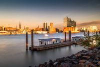 De skyline van Hamburg in gouden licht