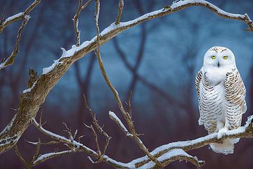 Hibou des neiges sur une branche avec de la neige sur Animaflora PicsStock