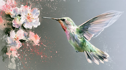 Aquarelle représentant un colibri aux couleurs claires
