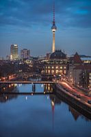 Berlin skyline with television tower and Bodemuseum at the blue hour