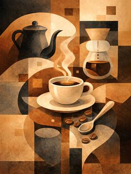 Abstract kubistisch koffiestilleven in warme tinten van uwidya
