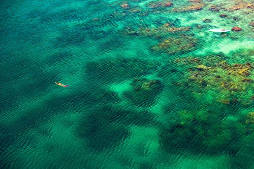 Schwimmer im türkis grünen Meer in der Karibik