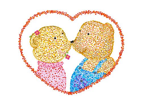 Pointillisme kunstwerk TWEE VERLIEFDE BEREN IN EEN HART. In de kleuren rood, roze, blauw, beige