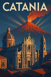 Catania Art Deco Travel Poster - Ätna und historische Skyline