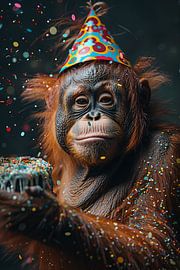 Humoristische foto met orang-oetan in jaren '70 disco outfit verjaardag van Poster Art Shop