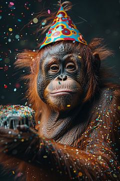 Humoristische foto met orang-oetan in jaren '70 disco outfit verjaardag van Felix Brönnimann