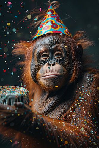 Humoristische foto met orang-oetan in jaren '70 disco outfit verjaardag