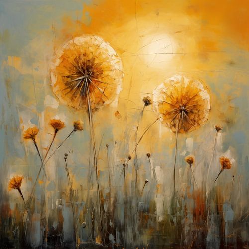 Paardenbloemen en de ondergaande zon