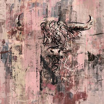 Schotse hooglander semi abstract in roze en taupe van Emiel de Lange